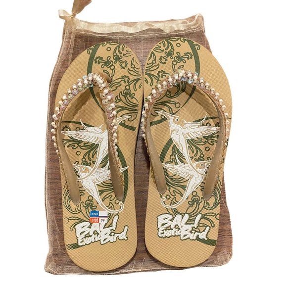 Shoes - Bali Exotic Bird Women's Tan Flip-Flop Sequence Sandals Size 39